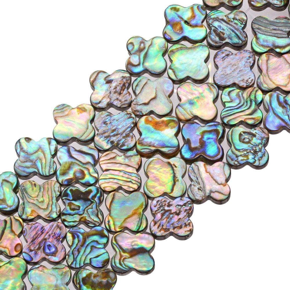 2926 Natural Abalone Shell 14mm Flat Four Leaf Clover Loose Beads Strand